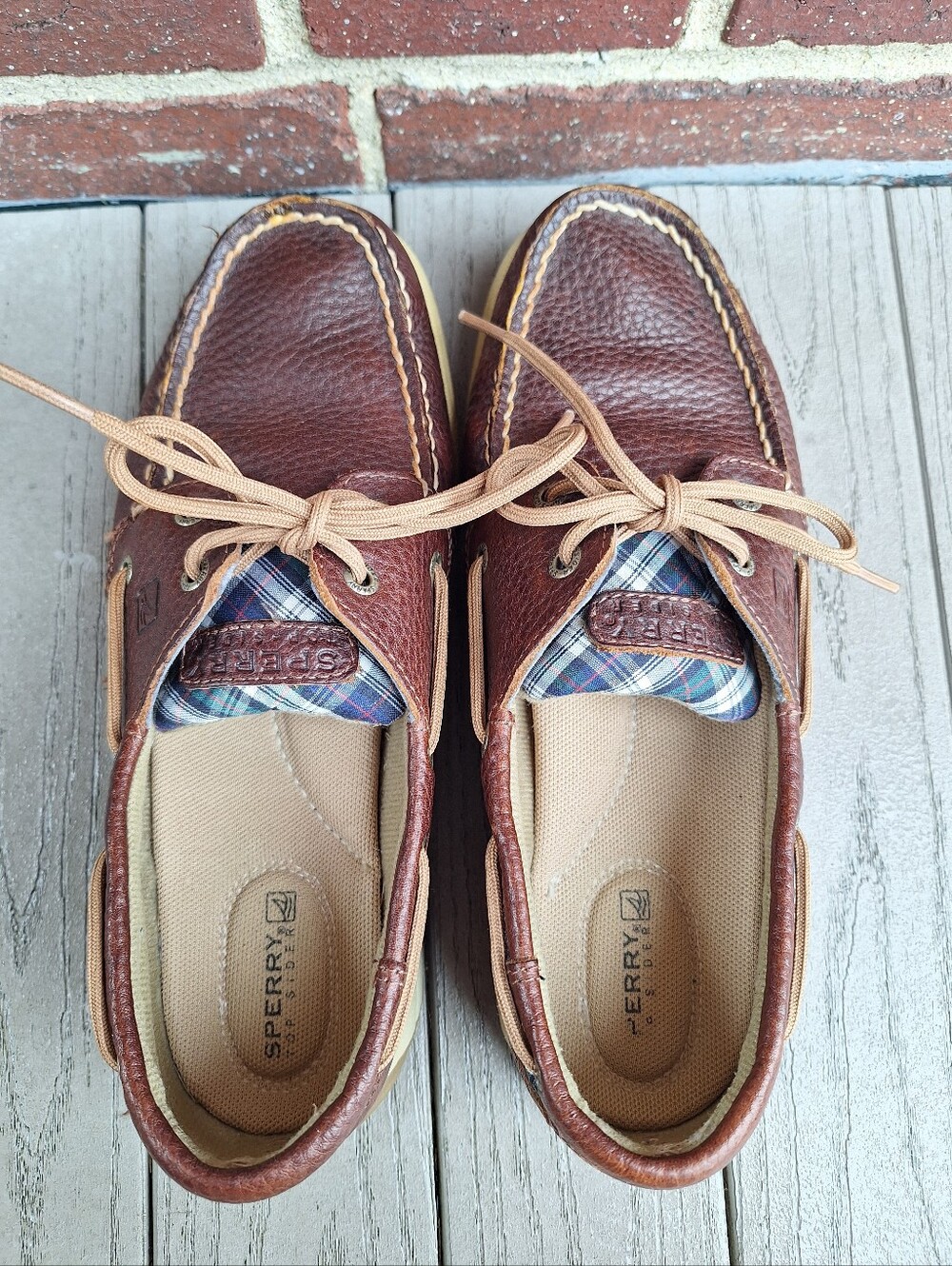 Sperry Top-Sider Women's Brown Pebbled Leather Boat Shoes Plaid Trim size 8